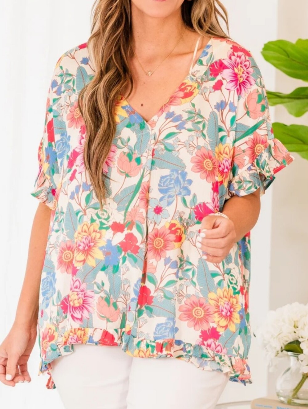 Umgee Floral Print Ruffle Short Sleeve V-Neck Top 2XL